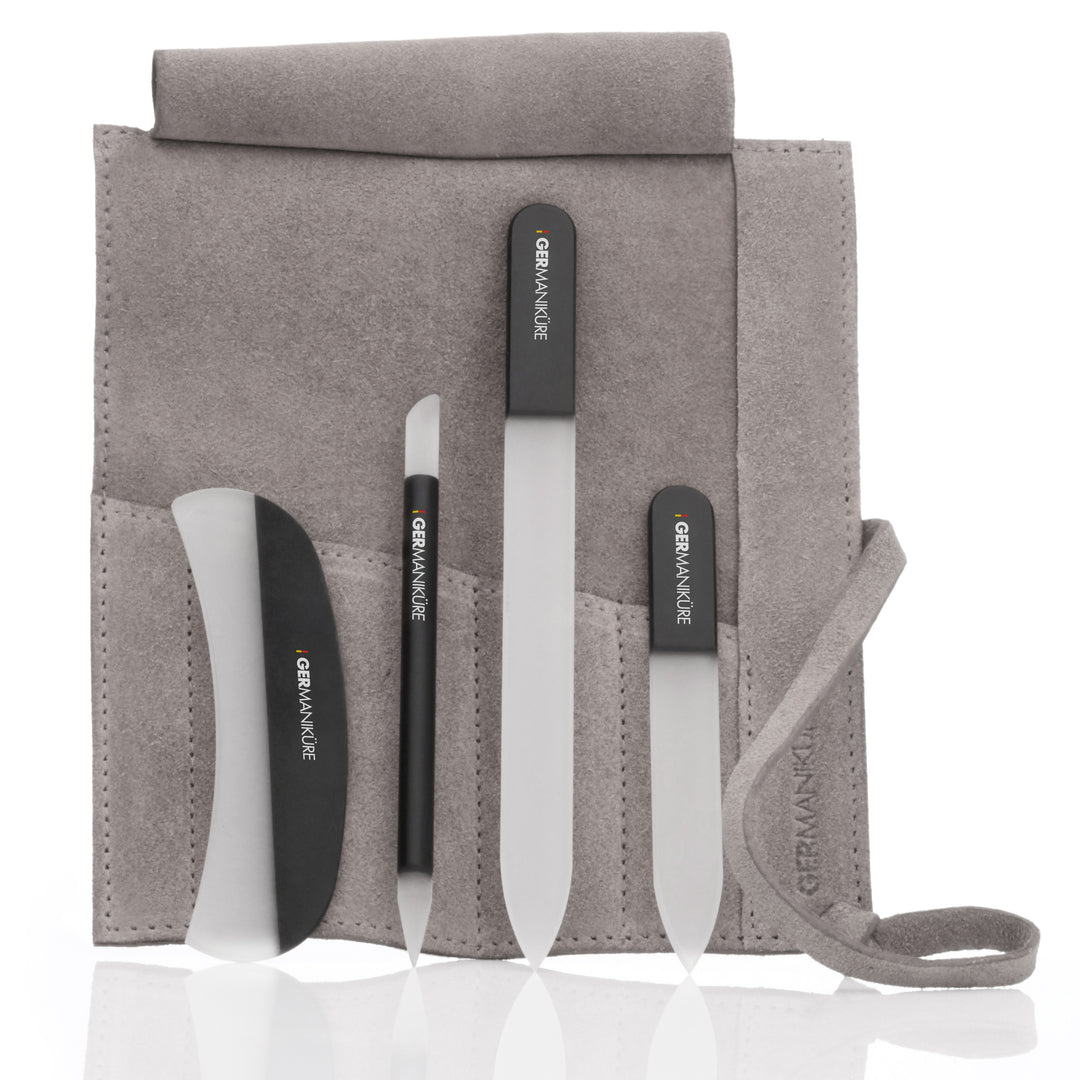Crystal Glass Nail File Set in Suede Case, Made in Czech Republic - Nail File, Guided Moon File, Glass Cuticle Remover & Pusher