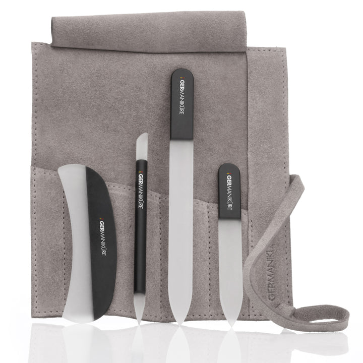 Crystal Glass Nail File Set in Suede Case, Made in Czech Republic - Nail File, Guided Moon File, Glass Cuticle Remover & Pusher