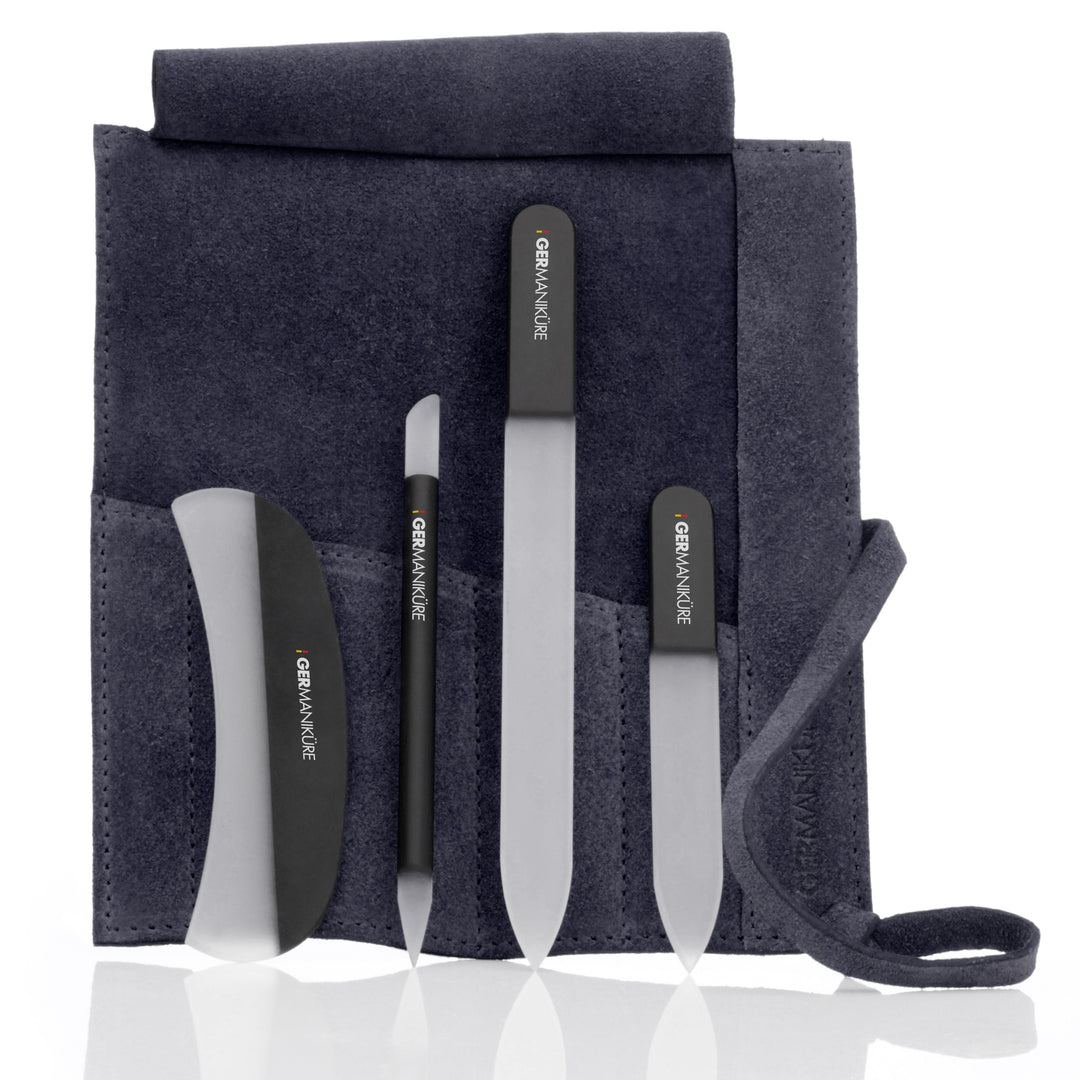 Crystal Glass Nail File Set in Suede Case, Made in Czech Republic - Nail File, Guided Moon File, Glass Cuticle Remover & Pusher