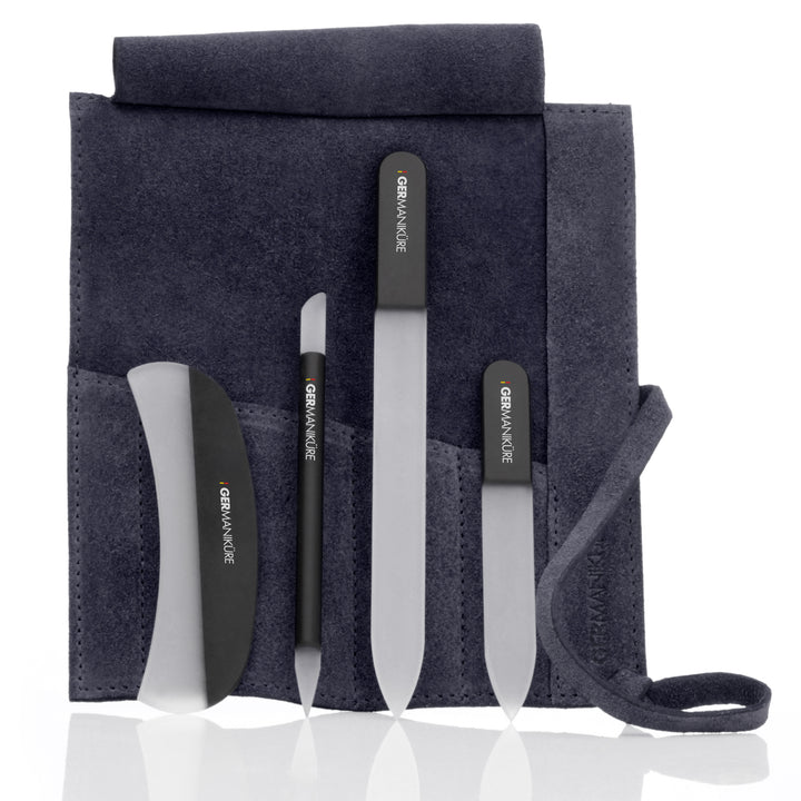 Crystal Glass Nail File Set in Suede Case, Made in Czech Republic - Nail File, Guided Moon File, Glass Cuticle Remover & Pusher