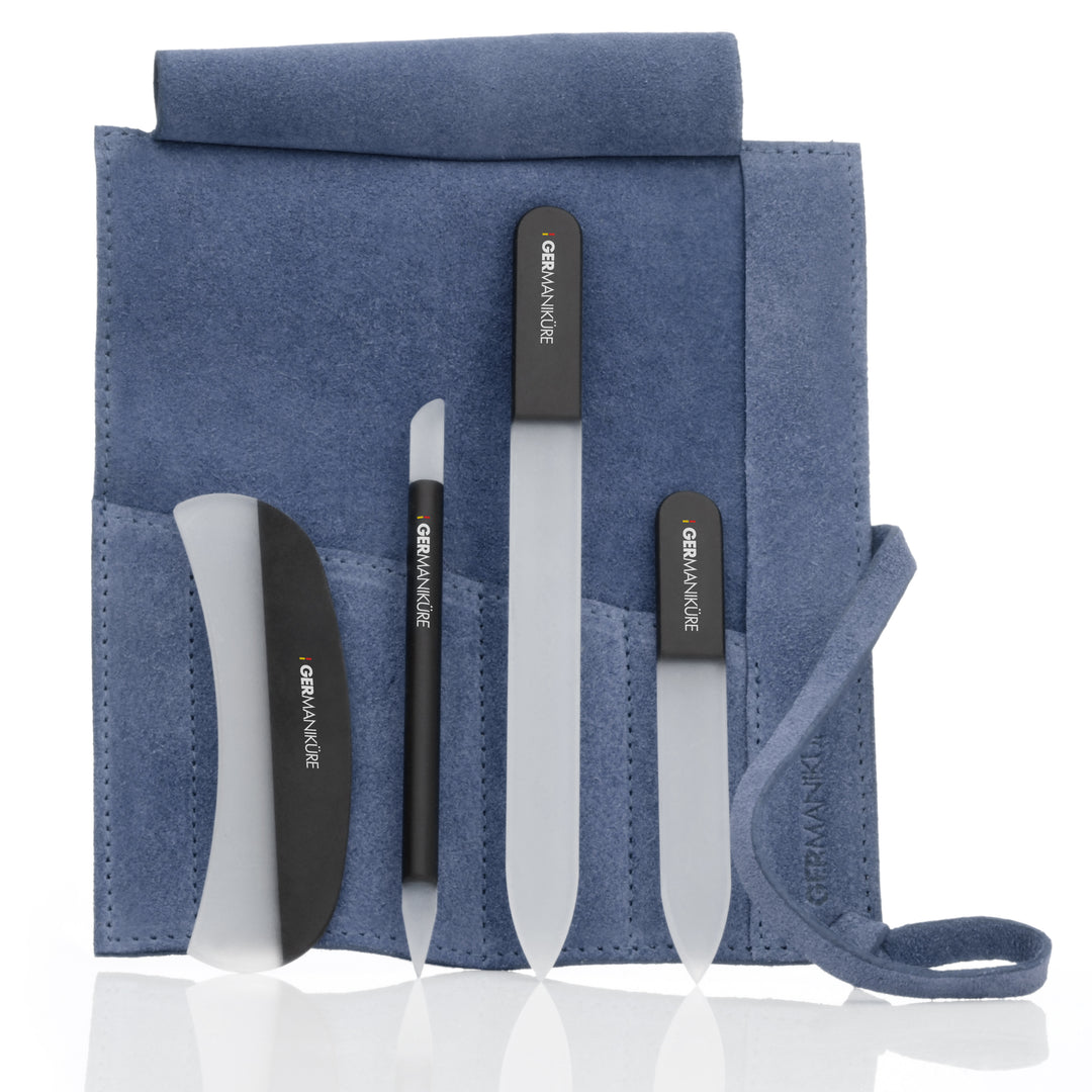 Crystal Glass Nail File Set in Suede Case, Made in Czech Republic - Nail File, Guided Moon File, Glass Cuticle Remover & Pusher