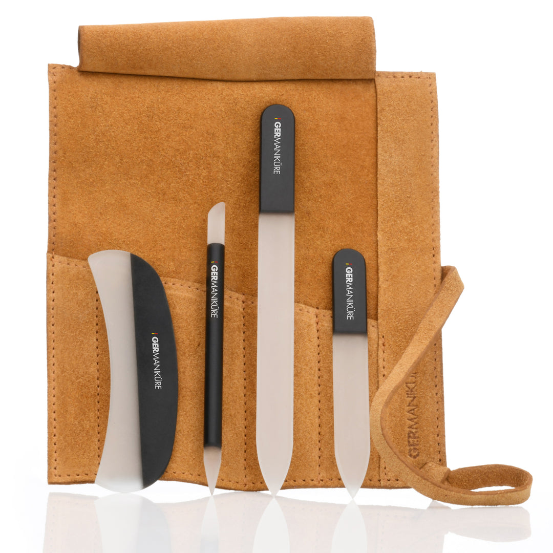 Crystal Glass Nail File Set in Suede Case, Made in Czech Republic - Nail File, Guided Moon File, Glass Cuticle Remover & Pusher