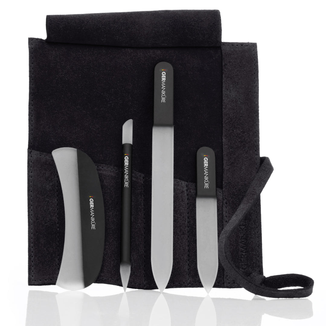 Crystal Glass Nail File Set in Suede Case, Made in Czech Republic - Nail File, Guided Moon File, Glass Cuticle Remover & Pusher