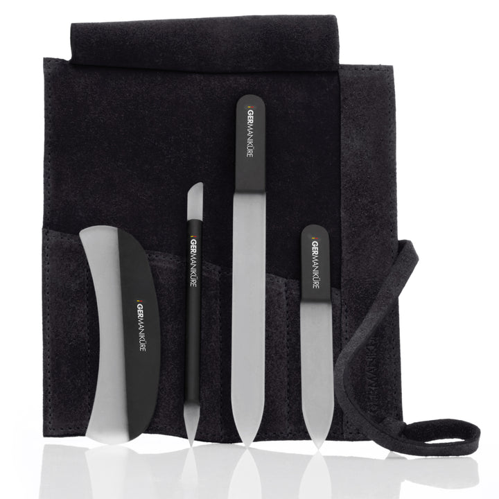 Crystal Glass Nail File Set in Suede Case, Made in Czech Republic - Nail File, Guided Moon File, Glass Cuticle Remover & Pusher