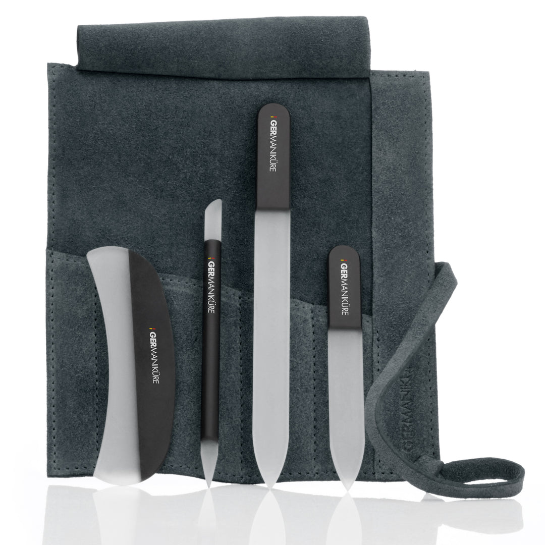 Crystal Glass Nail File Set in Suede Case, Made in Czech Republic - Nail File, Guided Moon File, Glass Cuticle Remover & Pusher