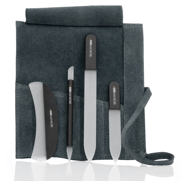 Crystal Glass Nail File Set in Suede Case, Made in Czech Republic - Nail File, Guided Moon File, Glass Cuticle Remover & Pusher