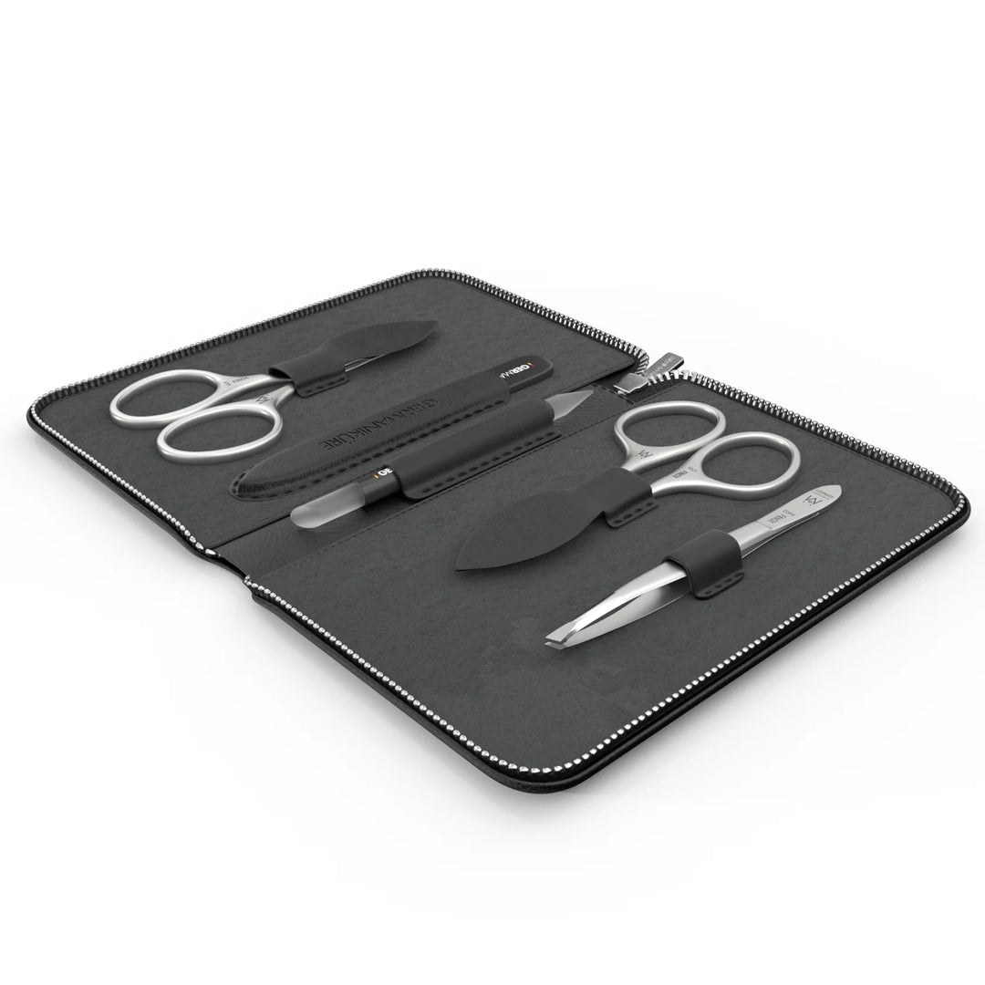 5 Piece Manicure Set in Leather Zipper Case: 2 Scissors, Glass File, Cuticle Stick, and Tweezer