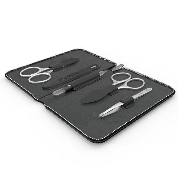5 Piece Manicure Set in Leather Zipper Case: 2 Scissors, Glass File, Cuticle Stick, and Tweezer