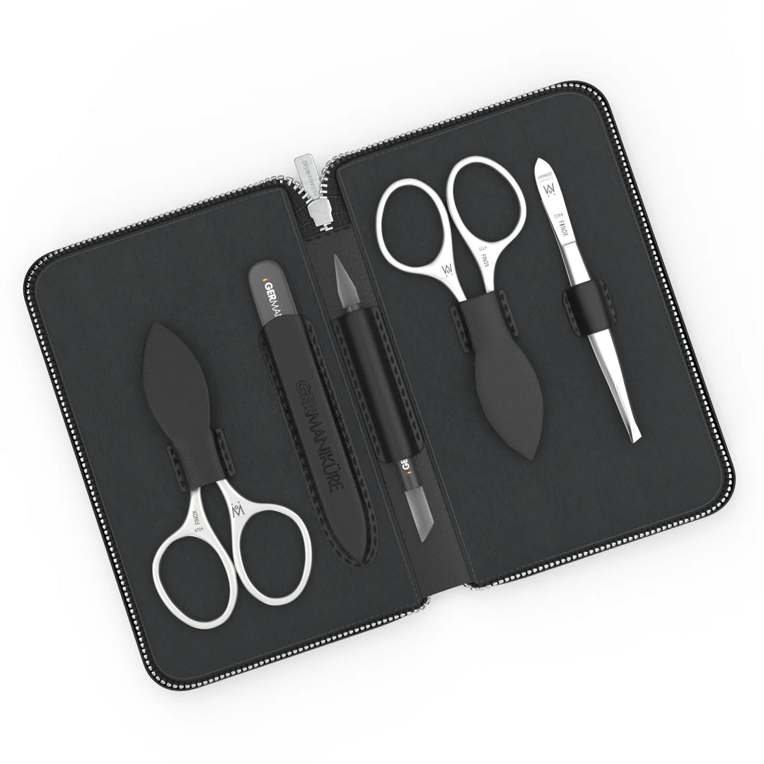 5 Piece Manicure Set in Leather Zipper Case: 2 Scissors, Glass File, Cuticle Stick, and Tweezer