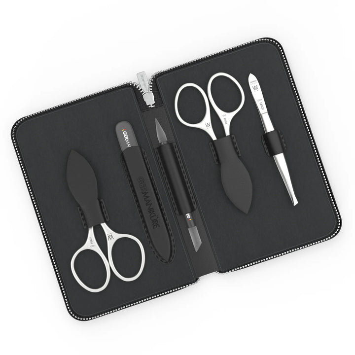 5 Piece Manicure Set in Leather Zipper Case: 2 Scissors, Glass File, Cuticle Stick, and Tweezer