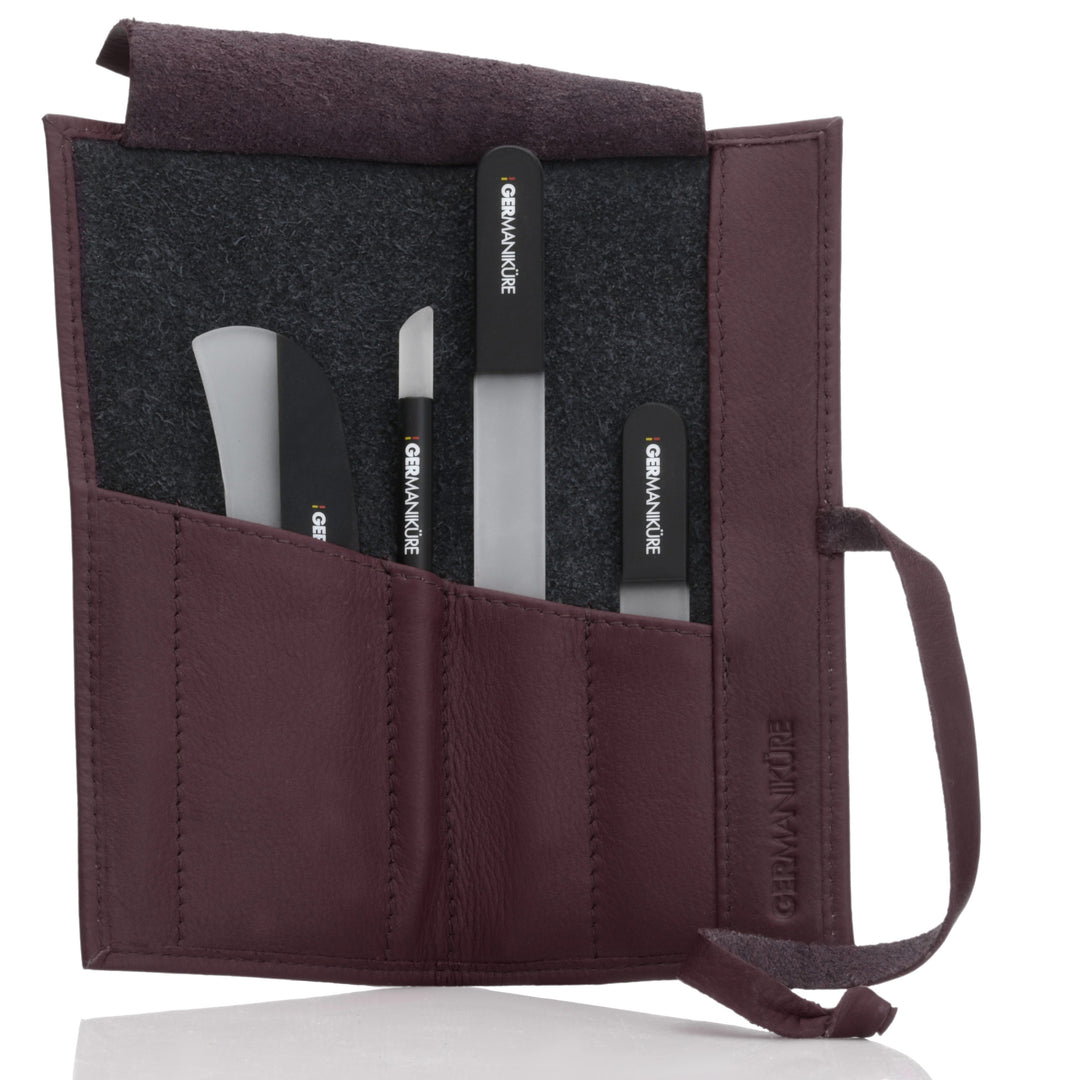 Crystal Glass Nail File Set in Leather Case, Made in Czech Republic - Nail File, Guided Moon File, Glass Cuticle Remover & Pusher