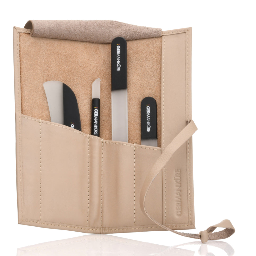 Crystal Glass Nail File Set in Leather Case, Made in Czech Republic - Nail File, Guided Moon File, Glass Cuticle Remover & Pusher