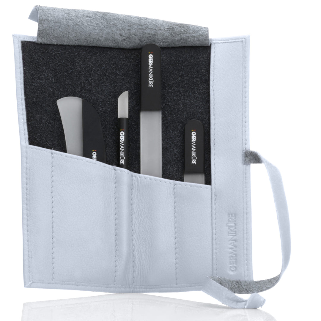 Crystal Glass Nail File Set in Leather Case, Made in Czech Republic - Nail File, Guided Moon File, Glass Cuticle Remover & Pusher