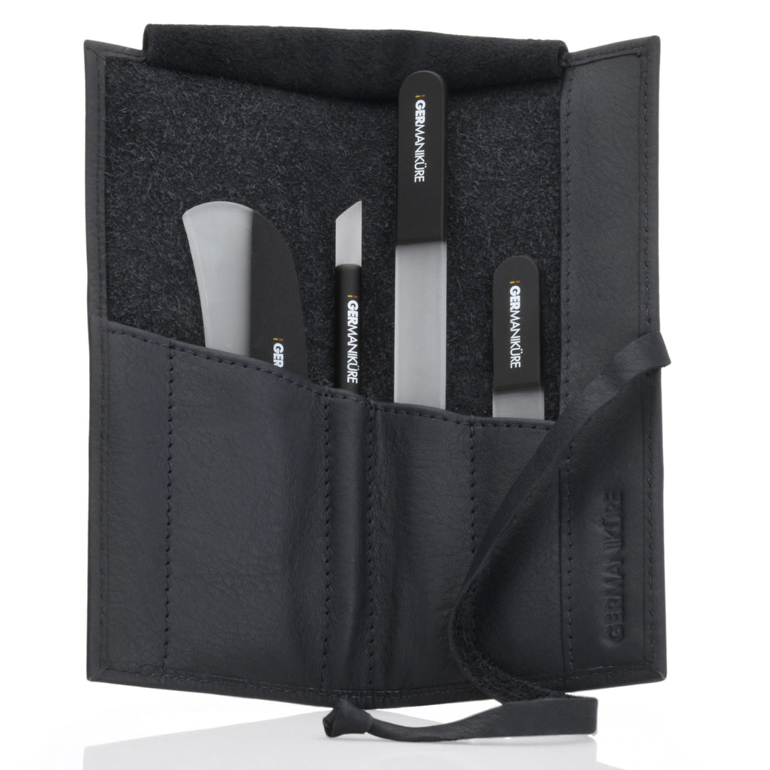 Crystal Glass Nail File Set in Leather Case, Made in Czech Republic - Nail File, Guided Moon File, Glass Cuticle Remover & Pusher