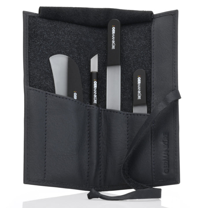 Crystal Glass Nail File Set in Leather Case, Made in Czech Republic - Nail File, Guided Moon File, Glass Cuticle Remover & Pusher