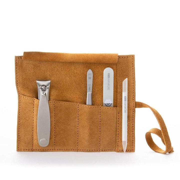 GERMANIKURE 4pc Diabetic Safe Manicure Set in Suede Case - FINOX Stainless Steel Tools Made in Solingen Germany Glass Nail Care Supplies Made in Czech Republic