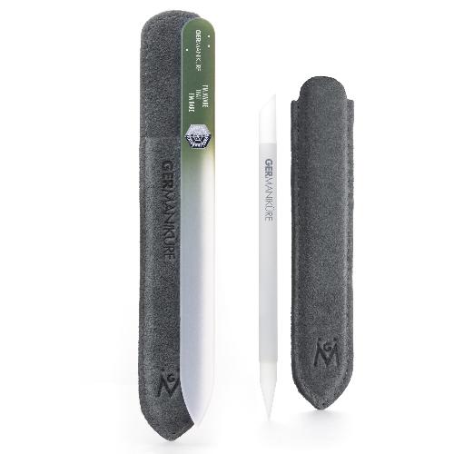 2pcs Genuine Patented Czech Crystal Glass Nail Files Set - Cuticle Stick and Cristal Glass Nail file - Olive