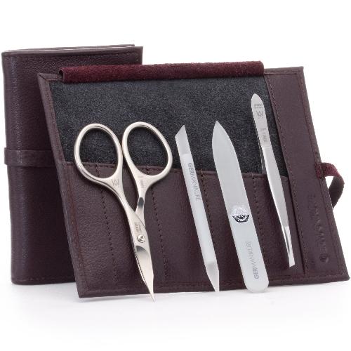 4pcs Nail Care Kit in Leather Case, FINOX® Surgical Stainless Steel: Combination Scissors, Tweezer, Glass Cuticle Stick and Nail File