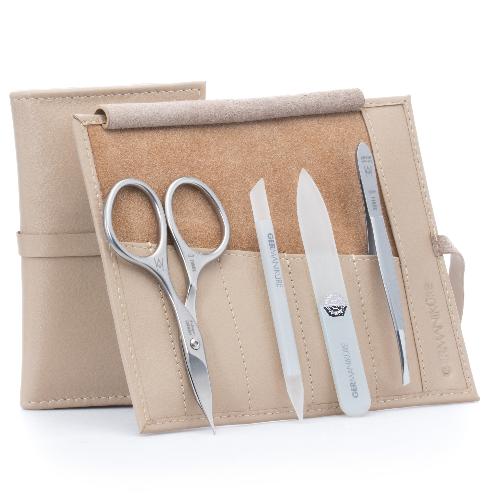4pcs Nail Care Kit in Leather Case, FINOX® Surgical Stainless Steel: Combination Scissors, Tweezer, Glass Cuticle Stick and Nail File