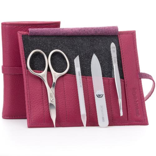 4pcs Nail Care Kit in Leather Case, FINOX® Surgical Stainless Steel: Combination Scissors, Tweezer, Glass Cuticle Stick and Nail File