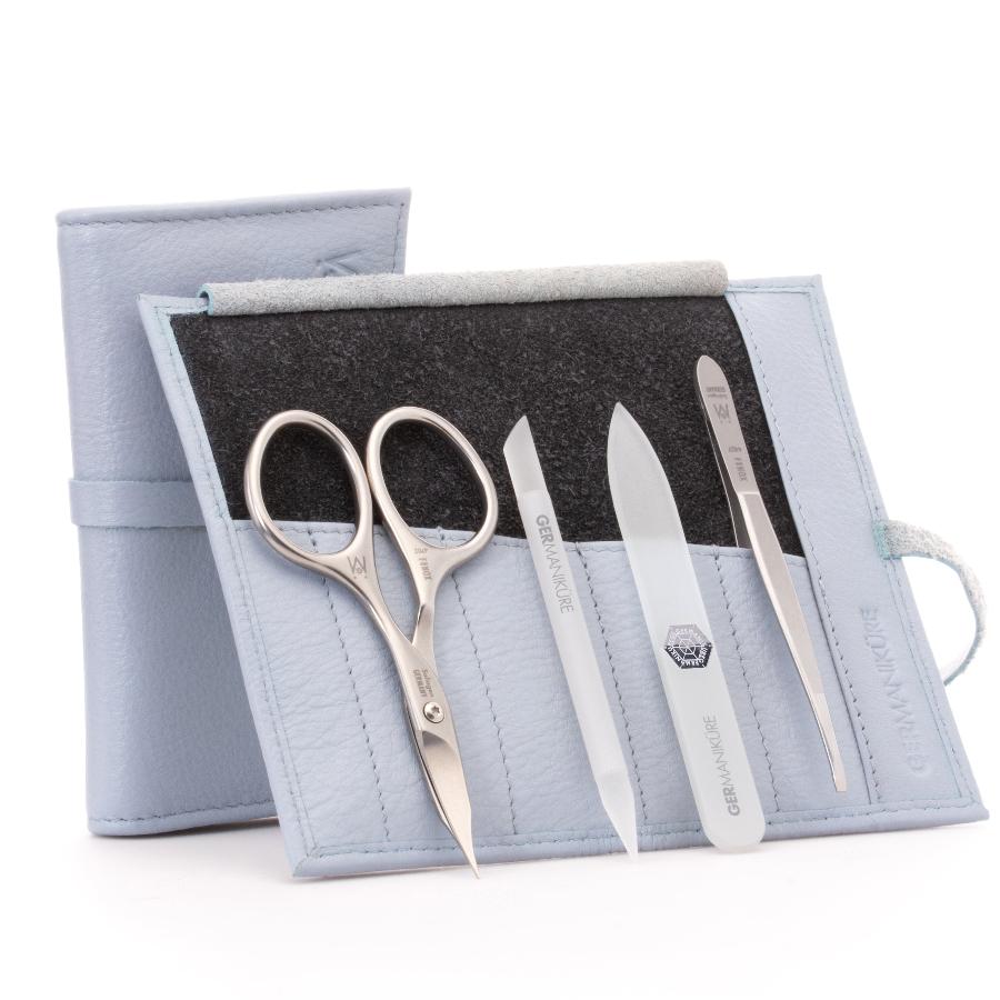 4pcs Nail Care Kit in Leather Case, FINOX® Surgical Stainless Steel: Combination Scissors, Tweezer, Glass Cuticle Stick and Nail File