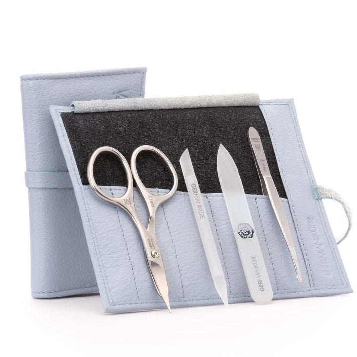 4pcs Nail Care Kit in Leather Case, FINOX® Surgical Stainless Steel: Combination Scissors, Tweezer, Glass Cuticle Stick and Nail File