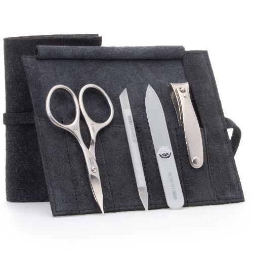 "GERMANIKURE" 4pc Manicure Set in Suede Case- FINOX® Stainless Steel: Combination Scissors, Nail Clipper, Glass Cuticle Stick and Nail File