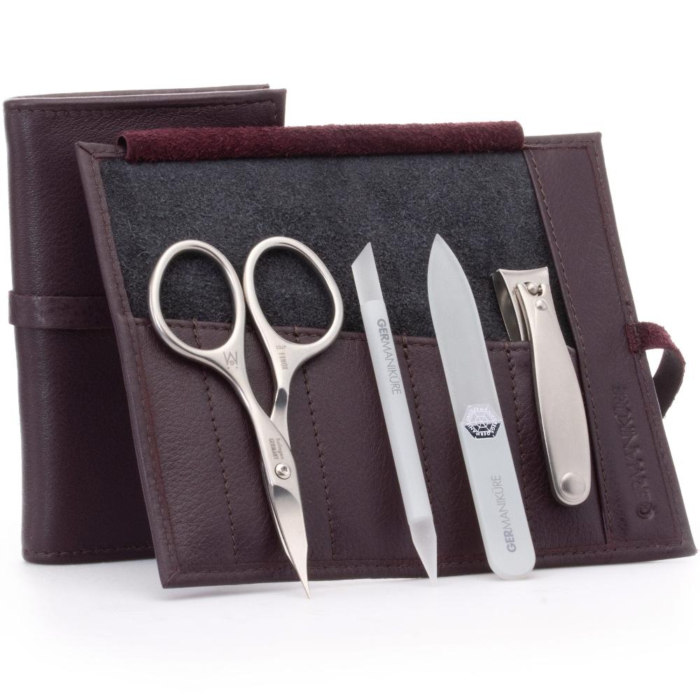 GERMANIKURE - Manicure Set in Leather Case 4pc - FINOX® Stainless Steel: Combination Scissors, Nail Clipper, Glass Cuticle Stick and Nail File