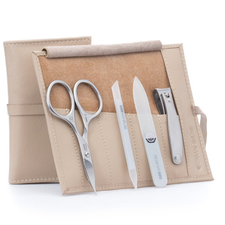 GERMANIKURE - Manicure Set in Leather Case 4pc - FINOX® Stainless Steel: Combination Scissors, Nail Clipper, Glass Cuticle Stick and Nail File