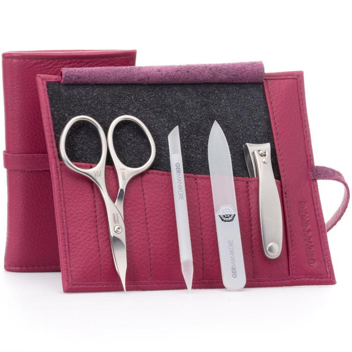 GERMANIKURE - Manicure Set in Leather Case 4pc - FINOX® Stainless Steel: Combination Scissors, Nail Clipper, Glass Cuticle Stick and Nail File