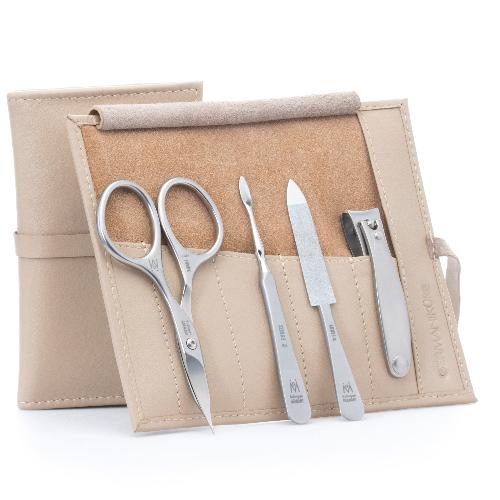 GERMANIKURE 4pc Manicure Set in Leather Case - FINOX® Stainless Steel - Combination Scissors, Nail Clipper, Nail Cleaner and Sapphire Nail File