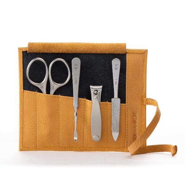 GERMANIKURE 4pc Manicure Set in Leather Case - FINOX® Stainless Steel - Combination Scissors, Nail Clipper, Nail Cleaner and Sapphire Nail File