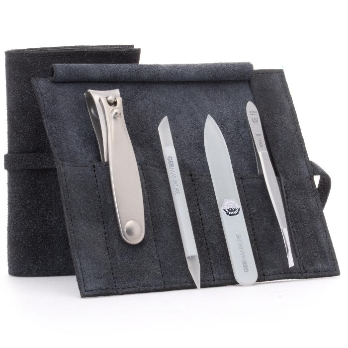 GERMANIKURE 4pc Manicure Set in Leather Case- FINOX® Stainless Steel: Toenail Clipper, Tweezer, Glass Cuticle Stick and Nail File