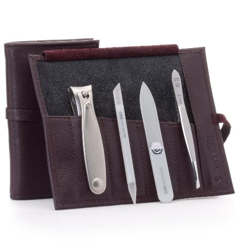 GERMANIKURE 4pc Manicure Set in Leather Case- FINOX® Stainless Steel: Toenail Clipper, Tweezer, Glass Cuticle Stick and Nail File