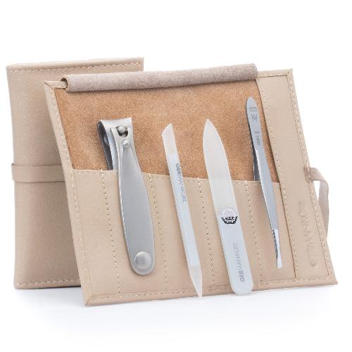 GERMANIKURE 4pc Manicure Set in Leather Case- FINOX® Stainless Steel: Toenail Clipper, Tweezer, Glass Cuticle Stick and Nail File