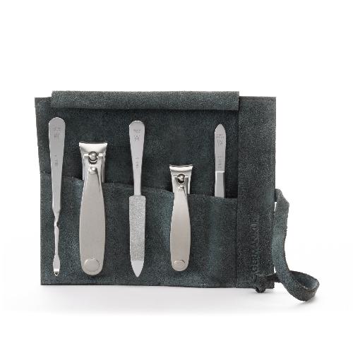 GERMANIKURE 5pc Manicure Set - FINOX® Surgical Steel: Toenail and Fingernail Clippers, Cleaner, Tweezers and Sapphire Nails File in Suede Case