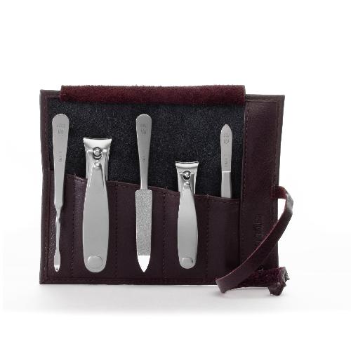 GERMANIKURE 5pc Manicure Set - FINOX® Surgical Steel: Toenail and Fingernail Clippers, Cleaner, Tweezers and Sapphire Nails File in Leather case
