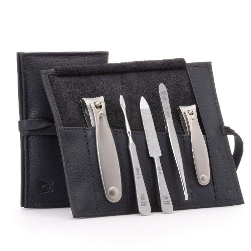 GERMANIKURE 5pc Manicure Set - FINOX® Surgical Steel: Toenail and Fingernail Clippers, Cleaner, Tweezers and Sapphire Nails File in Leather case