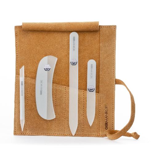 Crystal Glass Nail File Set in Suede Case, Made in Czech Republic - Nail File, Guided Moon File, Glass Cuticle Remover & Pusher