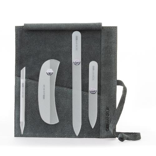 Crystal Glass Nail File Set in Suede Case, Made in Czech Republic - Nail File, Guided Moon File, Glass Cuticle Remover & Pusher