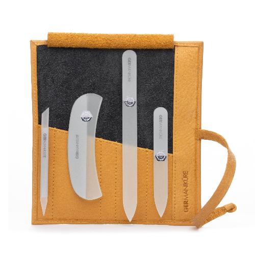 Crystal Glass Nail File Set in Leather Case, Made in Czech Republic - Nail File, Guided Moon File, Glass Cuticle Remover & Pusher