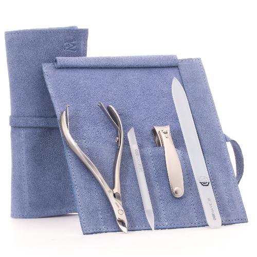 GERMANIKURE 4pc Manicure Set in Suede Case - FINOX® Stainless Steel: Cuticle Nipper, Nail Clipper, Glass Cuticle Stick and Nail File