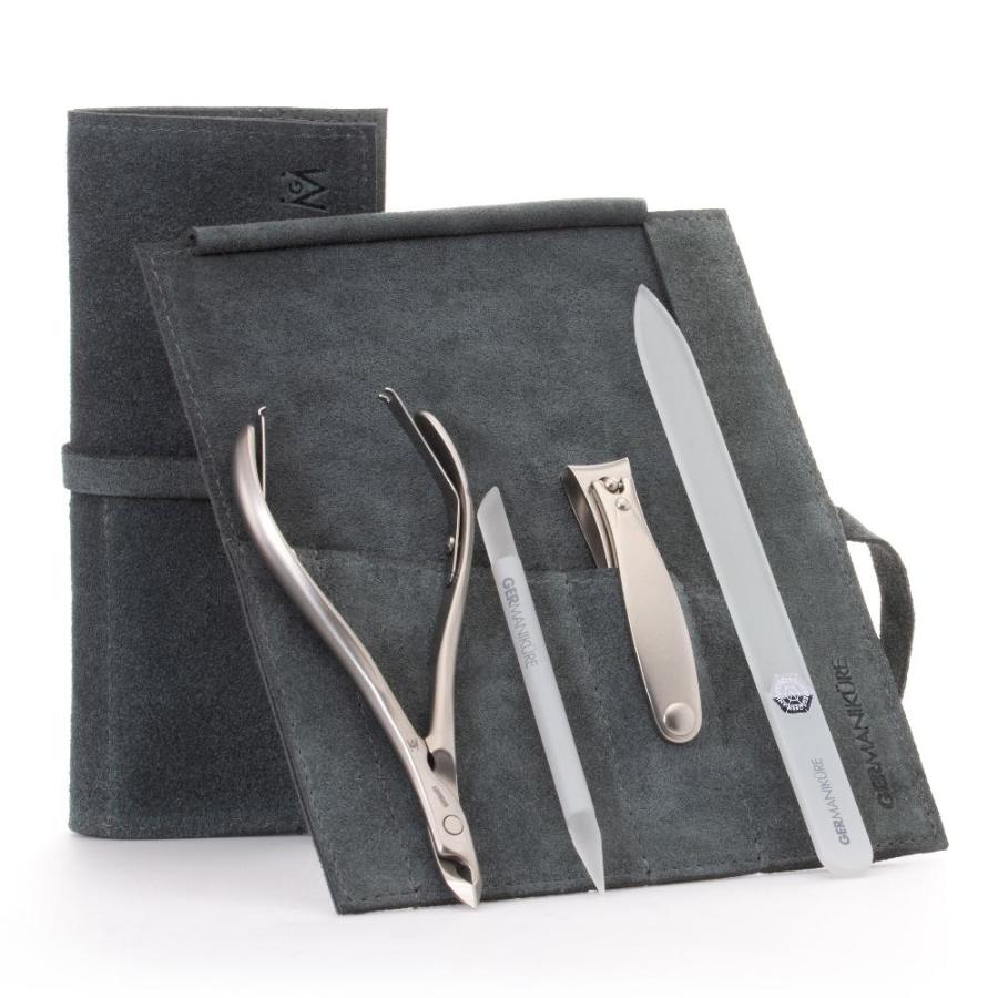 GERMANIKURE 4pc Manicure Set in Suede Case - FINOX® Stainless Steel: Cuticle Nipper, Nail Clipper, Glass Cuticle Stick and Nail File