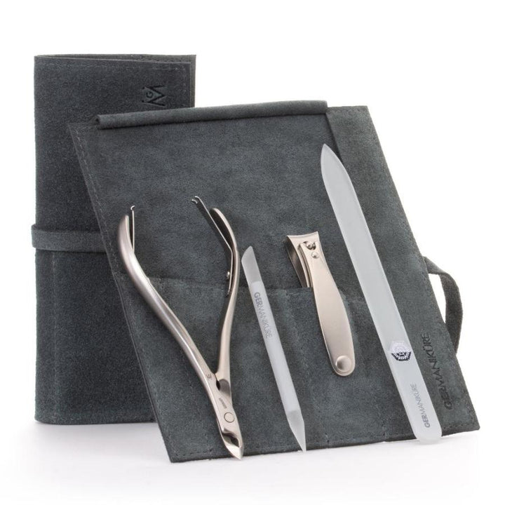 GERMANIKURE 4pc Manicure Set in Suede Case - FINOX® Stainless Steel: Cuticle Nipper, Nail Clipper, Glass Cuticle Stick and Nail File