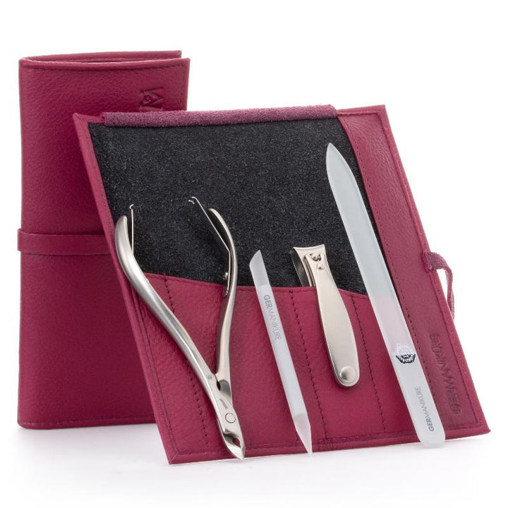 GERMANIKURE - 4pc Manicure Set in Leather Case - FINOX® Stainless Steel: Cuticle Nipper, Nail Clipper, Glass Cuticle Stick and Nail File