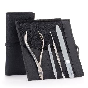 GERMANIKURE 4pc Manicure Set in Leather Case - FINOX® Stainless Steel: Toenail Nissors, Pusher & Cleaner, Glass Cuticle Stick and Nail File