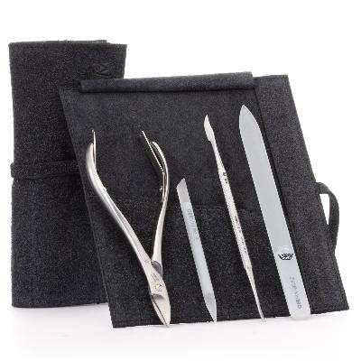 GERMANIKURE 4pc Manicure Set in Suede Case- FINOX® Stainless Steel: Toenail Nissors, Pusher & Cleaner, Glass Cuticle Stick and Nail File