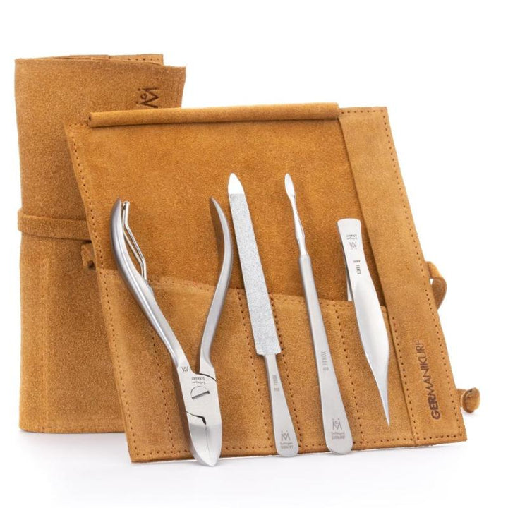 GERMANIKURE 4pc Manicure Set in Suede Case - FINOX - Stainless Steel: Toenail Nipper, Cleaner, Pointed Tweezer and Sapphire Nail File
