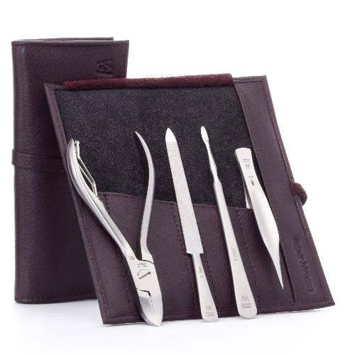 GERMANIKURE - 4pc Manicure Set in Leather Case - FINOX® Stainless Steel: Toenail Nipper, Cleaner, Pointed Tweezer and Sapphire Nail File