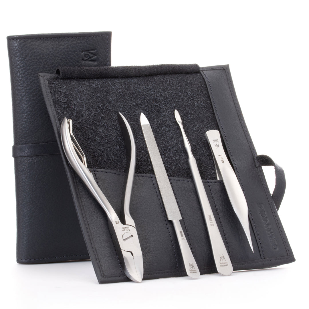 GERMANIKURE - 4pc Manicure Set in Leather Case - FINOX® Stainless Steel: Toenail Nipper, Cleaner, Pointed Tweezer and Sapphire Nail File